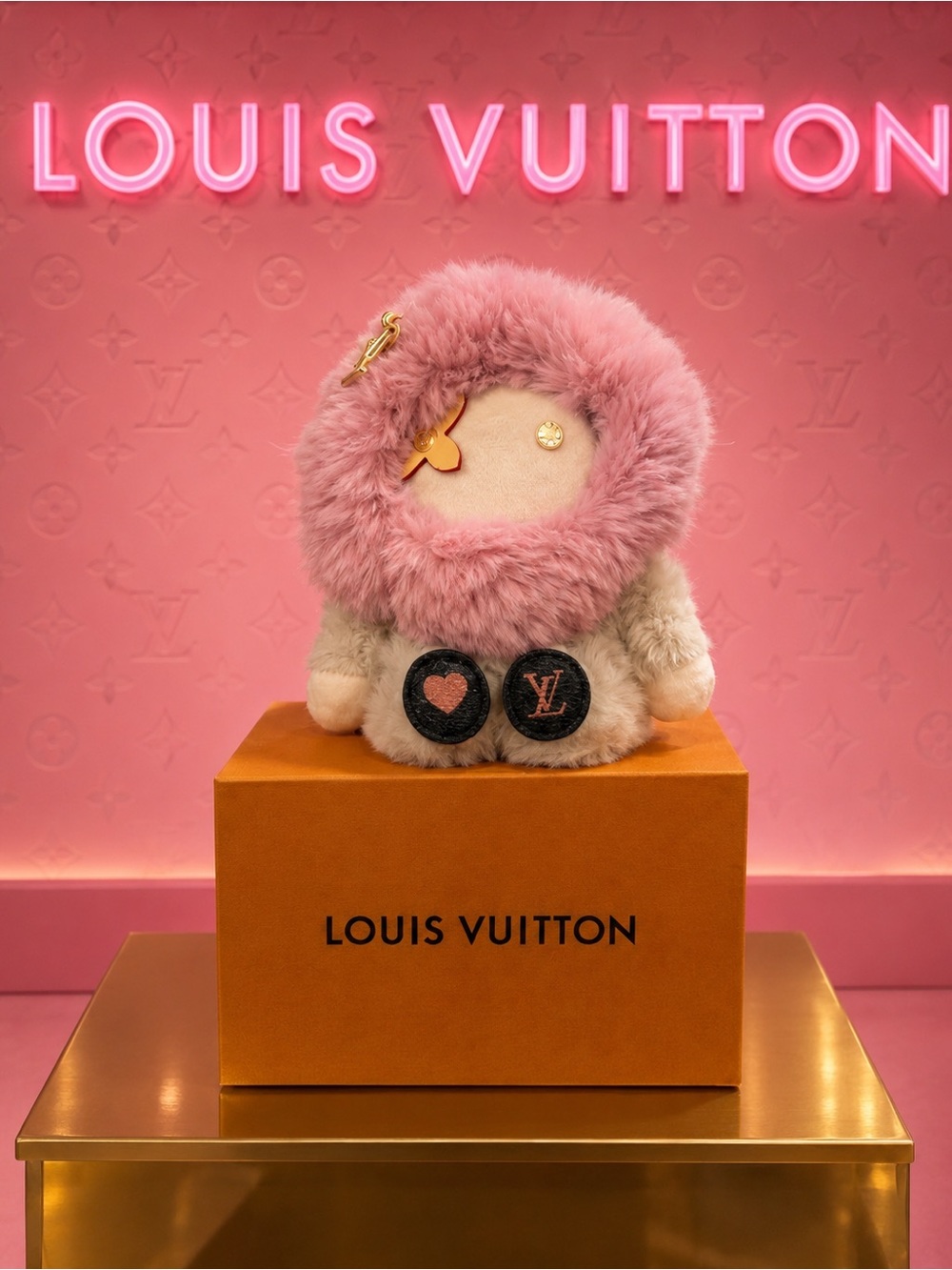 LV Vivienne Pink & Cream Fur Charm Key Holder/ Bag charm with stamp Gold Accents